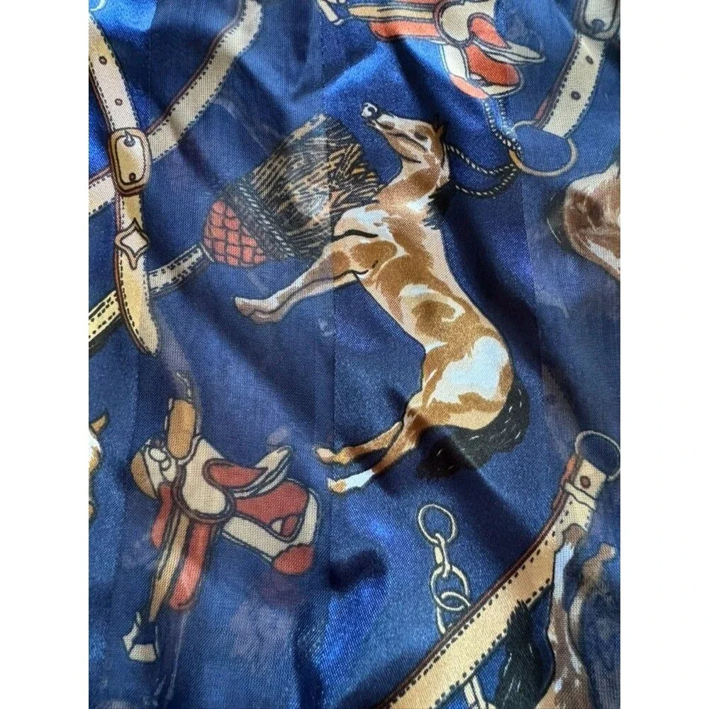 Equestrian Horse Print Rectangle Satin Long Scarf Semi Sheer Navy Gold Vtg